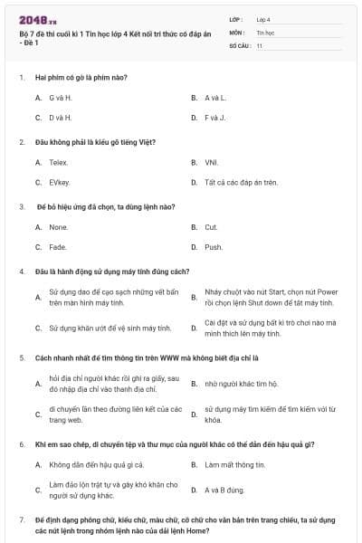 Bộ 7 đề thi cuối kì 1 Tin học lớp 4 Kết nối tri thức có đáp án - Đề 1
