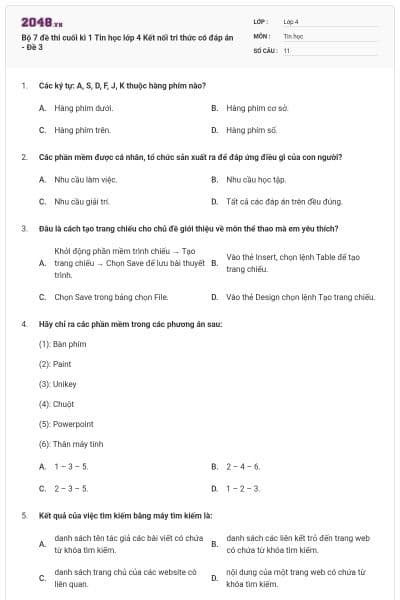 Bộ 7 đề thi cuối kì 1 Tin học lớp 4 Kết nối tri thức có đáp án - Đề 3