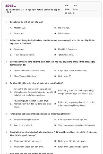 Bộ 7 đề thi cuối kì 1 Tin học lớp 4 Kết nối tri thức có đáp án - Đề 4
