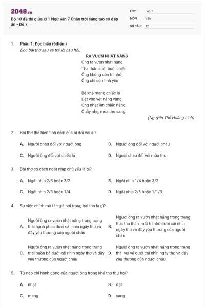 Bộ 10 đề thi giữa kì 1 Ngữ văn 7 Chân trời sáng tạo có đáp án - Đề 7