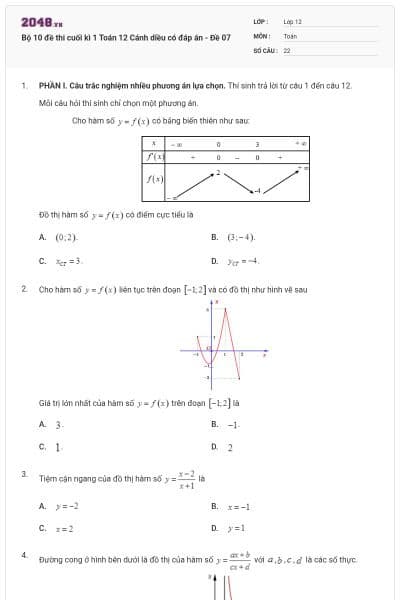 Bộ 10 đề thi cuối kì 1 Toán 12 Cánh diều có đáp án - Đề 07