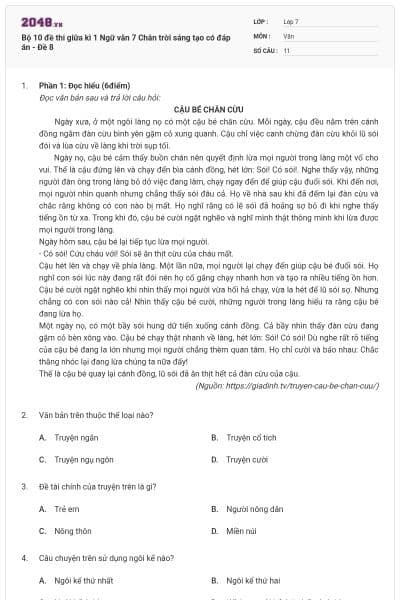 Bộ 10 đề thi giữa kì 1 Ngữ văn 7 Chân trời sáng tạo có đáp án - Đề 8