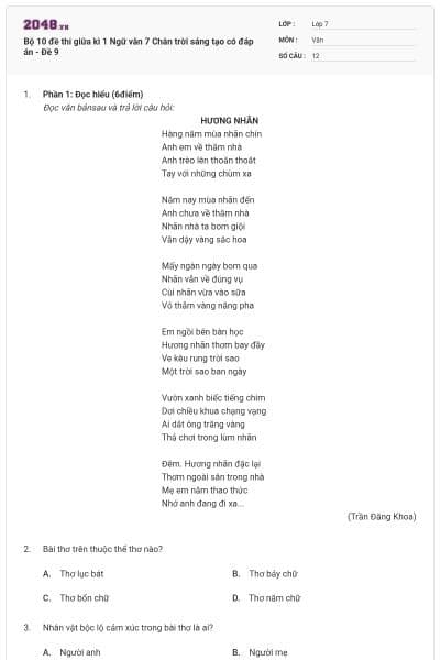 Bộ 10 đề thi giữa kì 1 Ngữ văn 7 Chân trời sáng tạo có đáp án - Đề 9