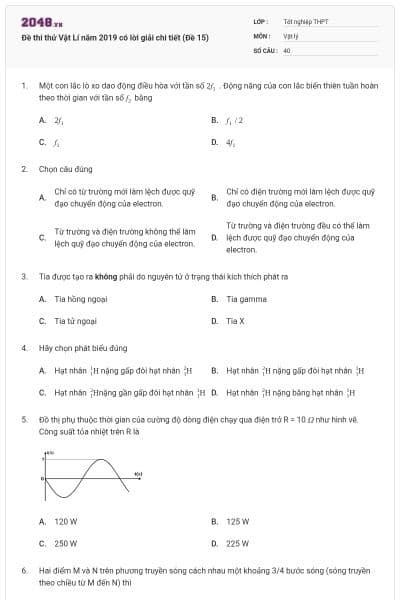 Đề thi thử Vật Lí năm 2019 có lời giải chi tiết (Đề 15)