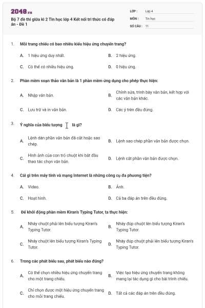 Bộ 7 đề thi giữa kì 2 Tin học lớp 4 Kết nối tri thức có đáp án - Đề 1