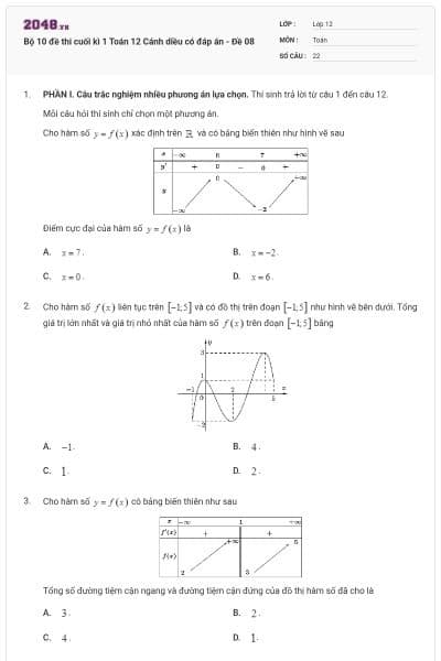 Bộ 10 đề thi cuối kì 1 Toán 12 Cánh diều có đáp án - Đề 08