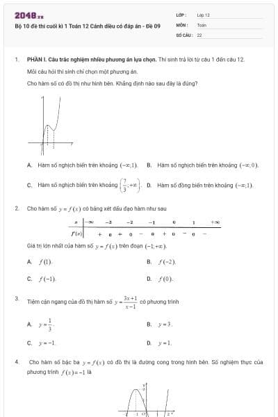 Bộ 10 đề thi cuối kì 1 Toán 12 Cánh diều có đáp án - Đề 09