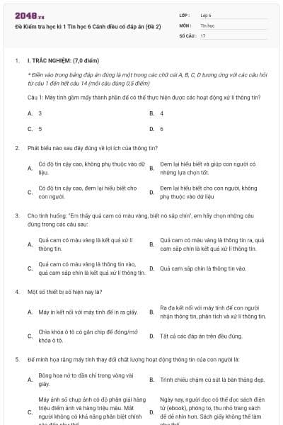 Đề Kiểm tra học kì 1 Tin học 6 Cánh diều có đáp án (Đề 2)
