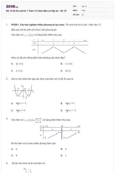Bộ 10 đề thi cuối kì 1 Toán 12 Cánh diều có đáp án - Đề 10