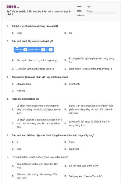 Bộ 7 đề thi cuối kì 2 Tin học lớp 4 Kết nối tri thức có đáp án - Đề 1