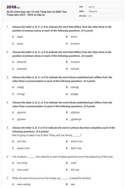Đề thi chính thức vào 10 môn Tiếng Anh sở GDĐT Sóc Trăng năm 2023 - 2024 có đáp án