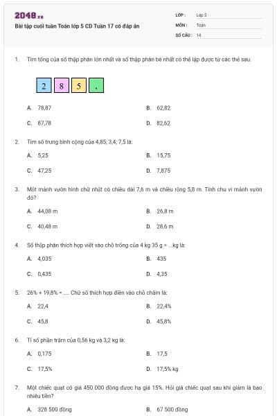 Bài tập cuối tuần Toán lớp 5 CD Tuần 17 có đáp án