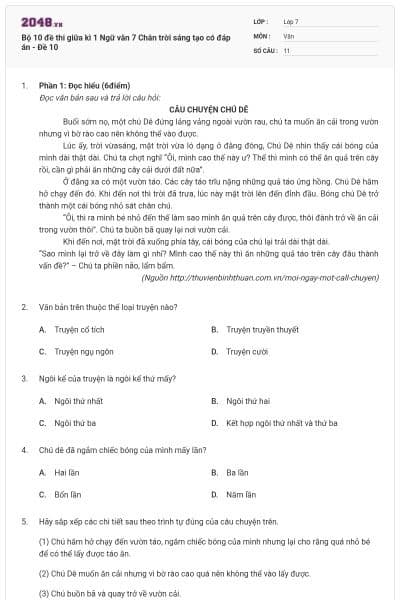 Bộ 10 đề thi giữa kì 1 Ngữ văn 7 Chân trời sáng tạo có đáp án - Đề 10