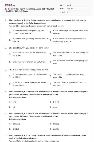 Đề thi chính thức vào 10 môn Tiếng Anh sở GDĐT Tây Ninh năm 2023 - 2024 có đáp án