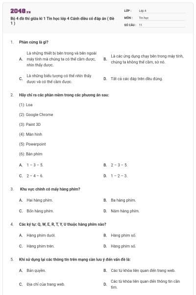 Bộ 4 đề thi giữa kì 1 Tin học lớp 4 Cánh diều có đáp án ( Đề 1 )