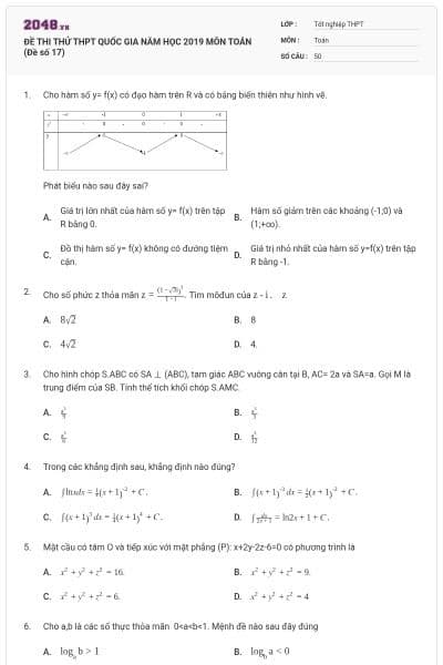 ĐỀ THI THỬ THPT QUỐC GIA NĂM HỌC 2019 MÔN TOÁN (Đề số 17)