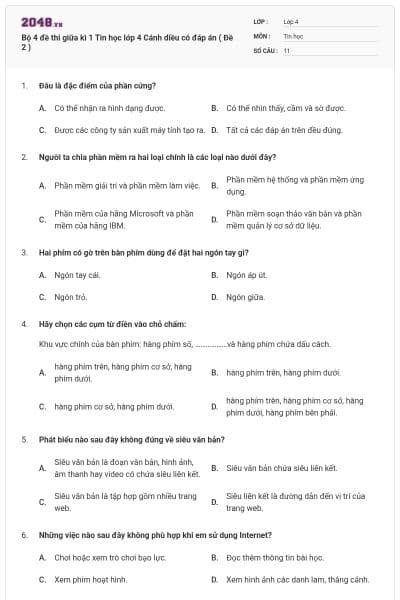 Bộ 4 đề thi giữa kì 1 Tin học lớp 4 Cánh diều có đáp án ( Đề 2 )