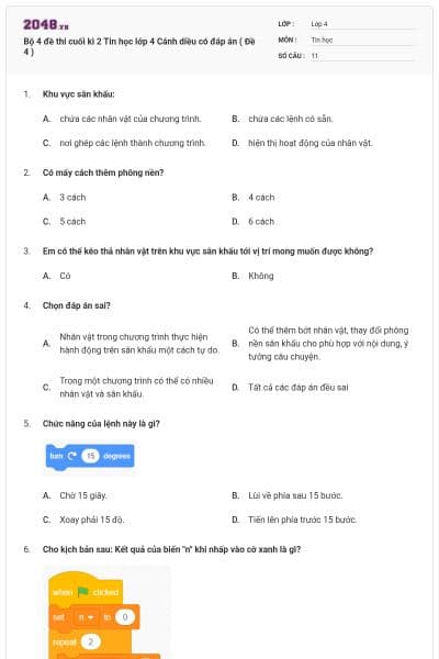 Bộ 4 đề thi cuối kì 2 Tin học lớp 4 Cánh diều có đáp án ( Đề 4 )