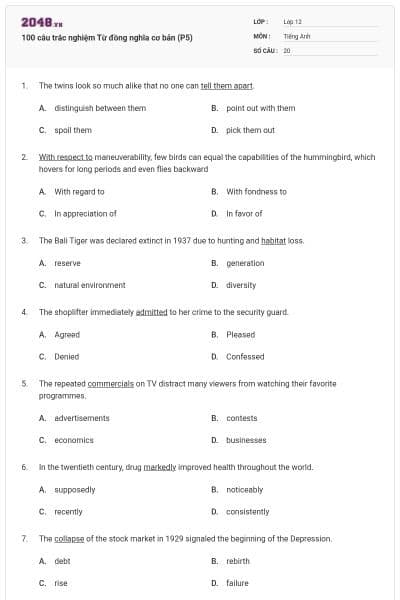 100 câu trắc nghiệm Từ đồng nghĩa cơ bản (P5)