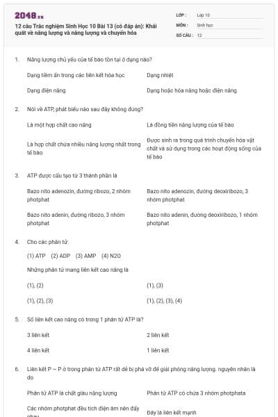 12 câu Trắc nghiệm Sinh Học 10 Bài 13 (có đáp án): Khái quát về năng lượng và năng lượng và chuyển hóa