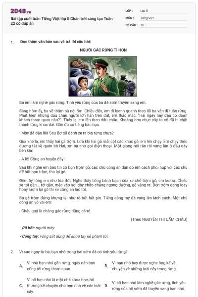 Bài tập cuối tuần Tiếng Việt lớp 5 Chân trời sáng tạo Tuần 22 có đáp án