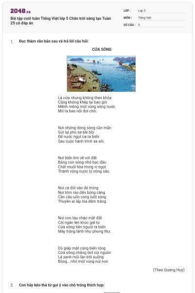 Bài tập cuối tuần Tiếng Việt lớp 5 Chân trời sáng tạo Tuần 25 có đáp án