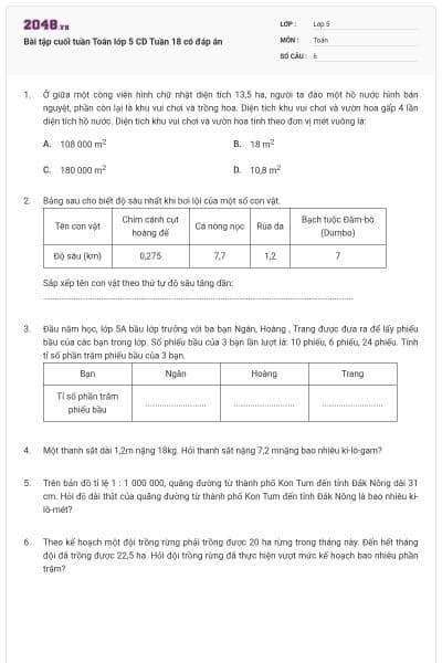Bài tập cuối tuần Toán lớp 5 CD Tuần 18 có đáp án