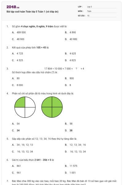 Bài tập cuối tuần Toán lớp 5 Tuần 1 (có đáp án)