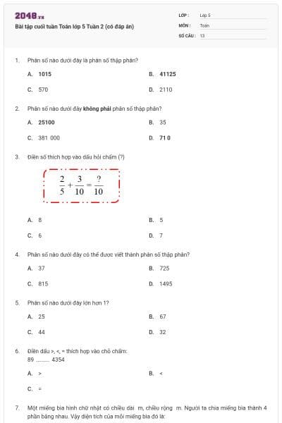 Bài tập cuối tuần Toán lớp 5 Tuần 2 (có đáp án)