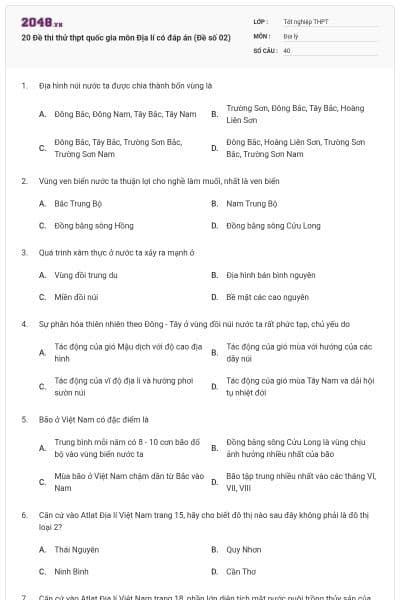 20 Đề thi thử thpt quốc gia môn Địa lí có đáp án (Đề số 02)