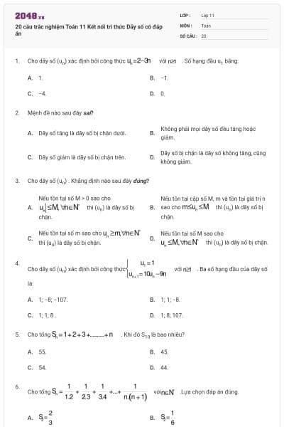 20 câu trắc nghiệm Toán 11 Kết nối tri thức Dãy số có đáp án
