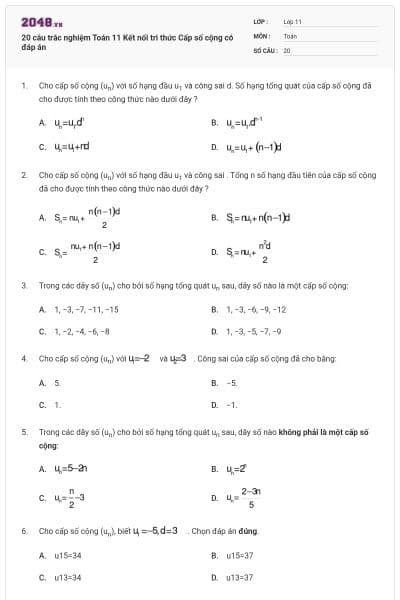 20 câu trắc nghiệm Toán 11 Kết nối tri thức Cấp số cộng có đáp án