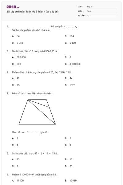 Bài tập cuối tuần Toán lớp 5 Tuần 4 (có đáp án)