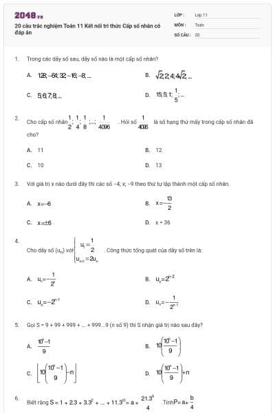 20 câu trắc nghiệm Toán 11 Kết nối tri thức Cấp số nhân có đáp án