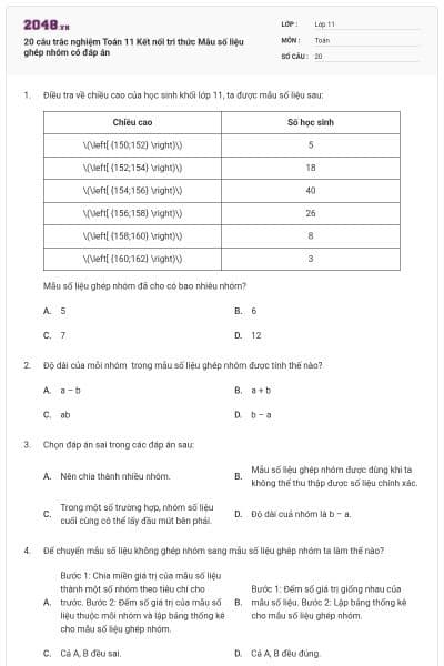 20 câu trắc nghiệm Toán 11 Kết nối tri thức Mẫu số liệu ghép nhóm có đáp án