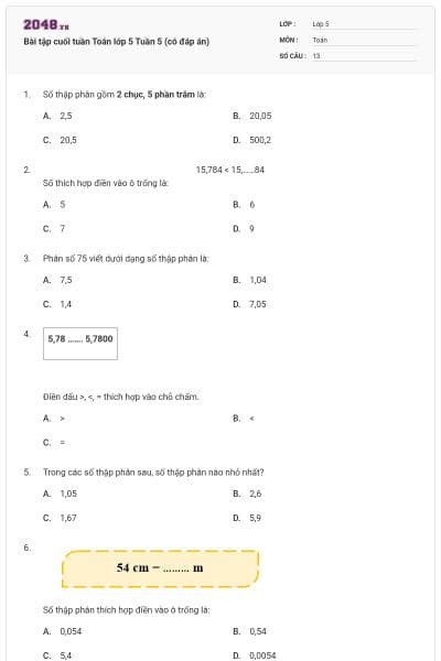 Bài tập cuối tuần Toán lớp 5 Tuần 5 (có đáp án)