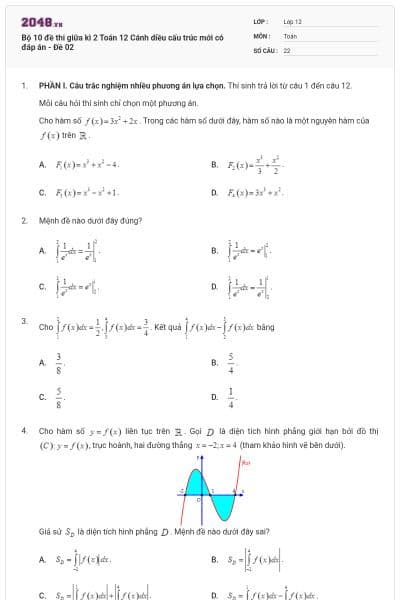 Bộ 10 đề thi giữa kì 2 Toán 12 Cánh diều cấu trúc mới có đáp án - Đề 02