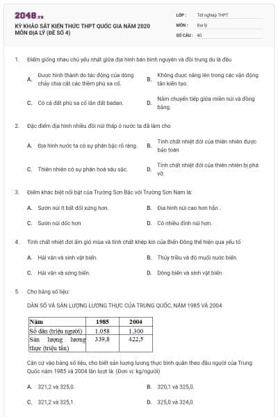 KỲ KHẢO SÁT KIẾN THỨC THPT QUỐC GIA NĂM 2020 MÔN ĐỊA LÝ (ĐỀ SỐ 4)