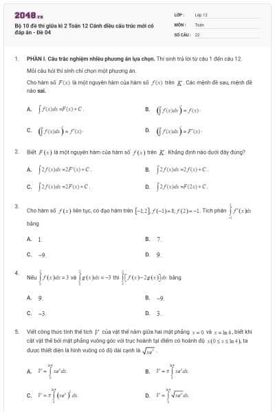 Bộ 10 đề thi giữa kì 2 Toán 12 Cánh diều cấu trúc mới có đáp án - Đề 04