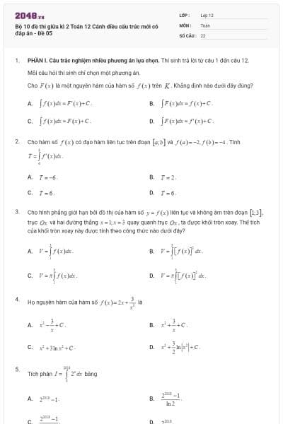 Bộ 10 đề thi giữa kì 2 Toán 12 Cánh diều cấu trúc mới có đáp án - Đề 05