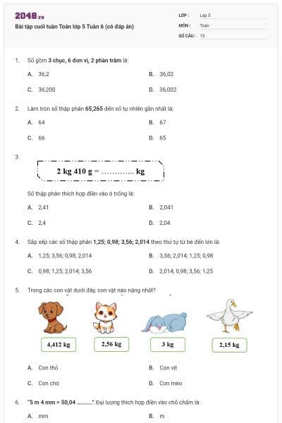 Bài tập cuối tuần Toán lớp 5 Tuần 6 (có đáp án)