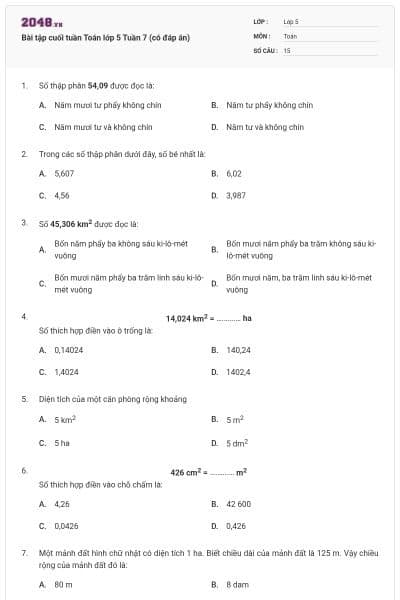 Bài tập cuối tuần Toán lớp 5 Tuần 7 (có đáp án)