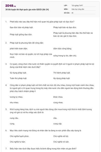 30 Đề luyện thi thpt quốc gia môn GDCD (Đề 24)