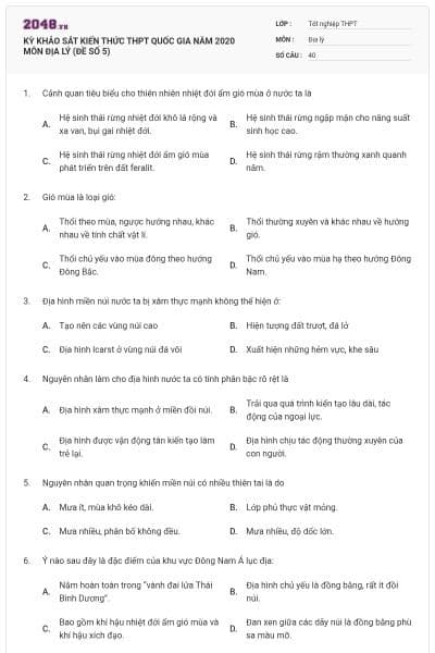 KỲ KHẢO SÁT KIẾN THỨC THPT QUỐC GIA NĂM 2020 MÔN ĐỊA LÝ (ĐỀ SỐ 5)