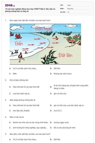 10 câu trắc nghiệm Khoa học lớp 4 KNTT Bài 6: Gió, bão và phòng chống bão có đáp án