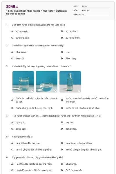 10 câu trắc nghiệm Khoa học lớp 4 KNTT Bài 7: Ôn tập chủ đề chất có đáp án