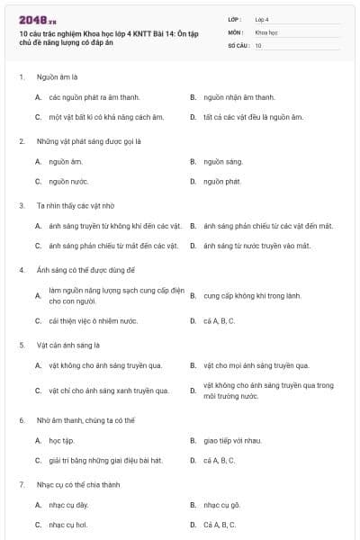 10 câu trắc nghiệm Khoa học lớp 4 KNTT Bài 14: Ôn tập chủ đề năng lượng có đáp án