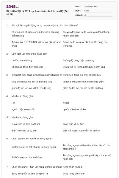 Đề thi thử Vật Lý 2019 cực hay chuẩn cấu trúc của Bộ (Đề số 12)