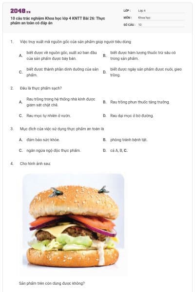 10 câu trắc nghiệm Khoa học lớp 4 KNTT Bài 26: Thực phẩm an toàn có đáp án