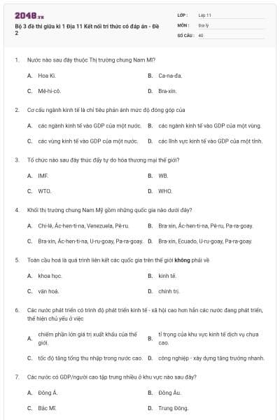Bộ 3 đề thi giữa kì 1 Địa 11 Kết nối tri thức có đáp án - Đề 2